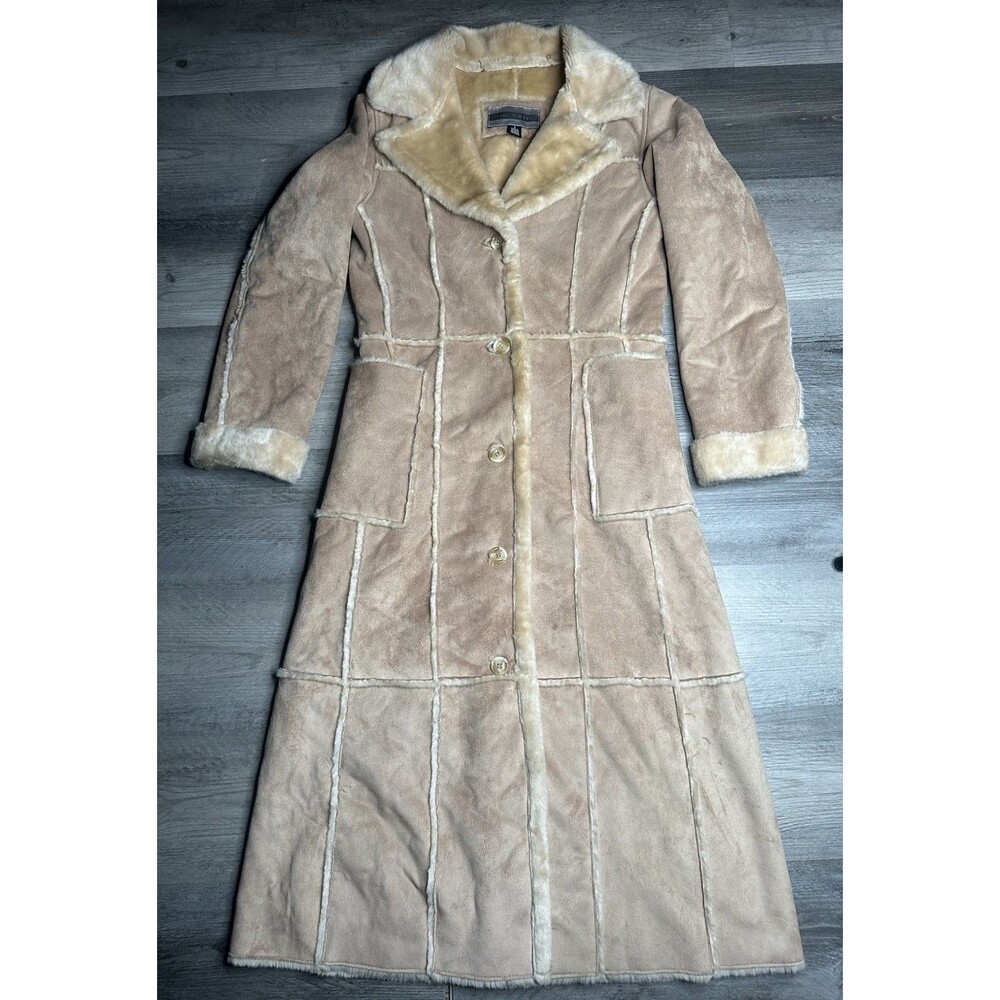 Vintage Big Chill Women's Tan Faux Suede Mid Length Coat Fur Lined US S